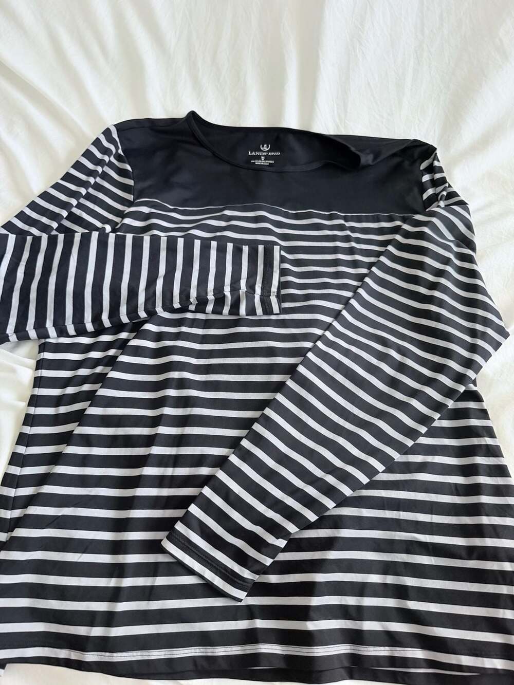 Lands' End Long Sleeve Striped Rash Guard Swim Top Black White Size XL 18